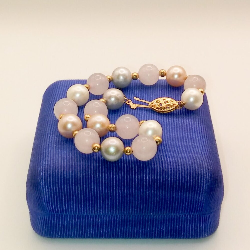 Vintage Signed CP Cultured Pearl Rose Quartz Beaded Bracelet 14k Gold Bead Clasp